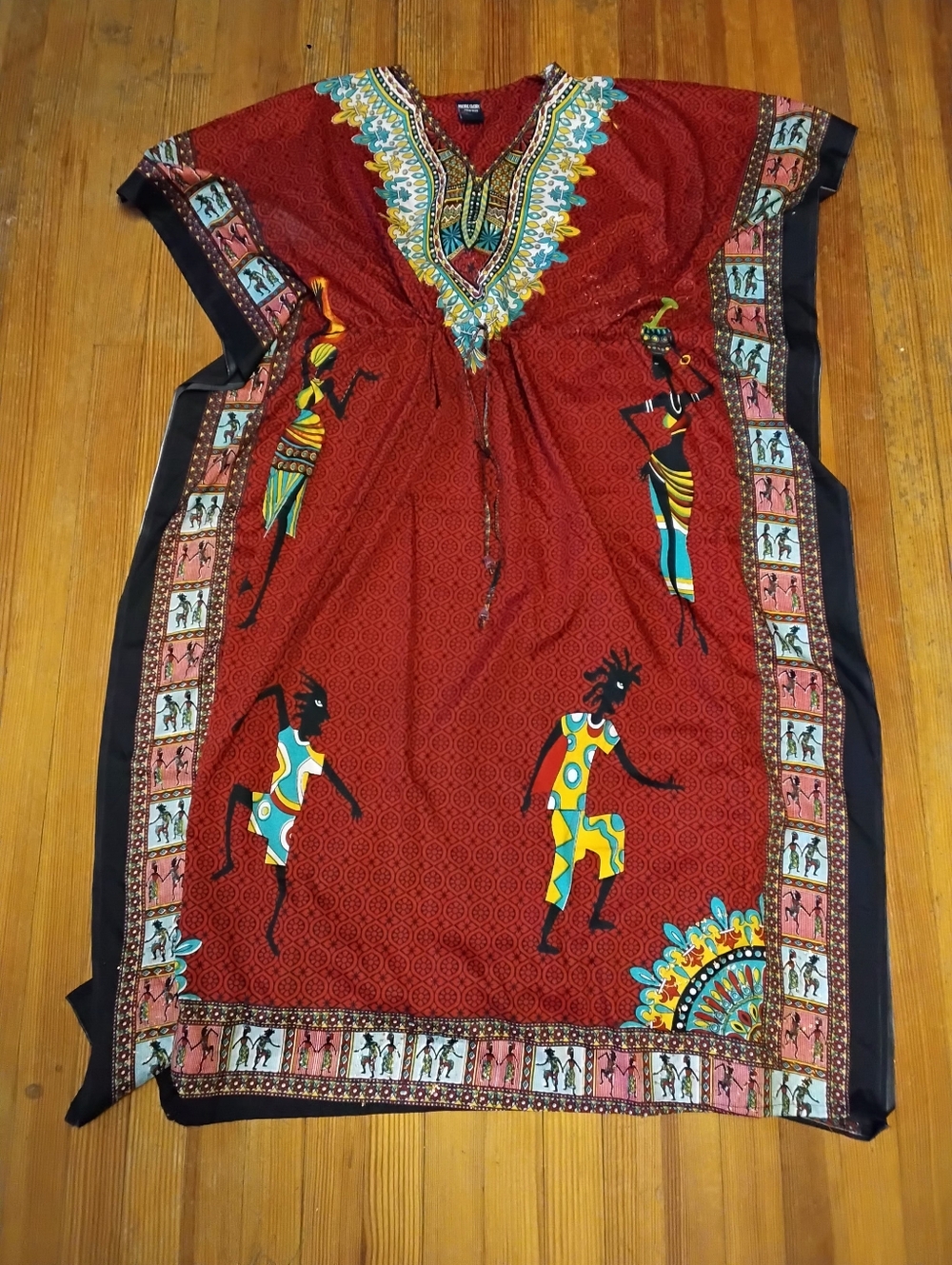 Red African Print Dashiki Kaftan with Colorful Figures
